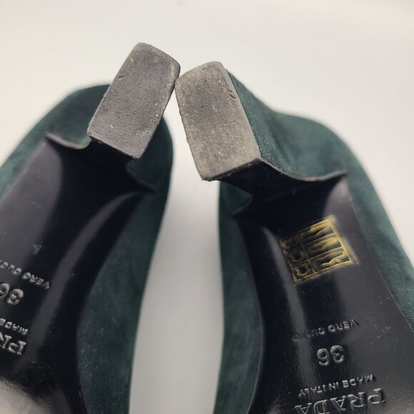 Prada Heel Pumps Shoes Donna Calzature Green Black Suede Cap Toe Sz 6 36 Used - Picture 10 of 10